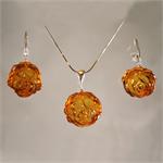 Carved Honey Color Baltic Amber Rose Set of Earrings and Pendant from Lithuania