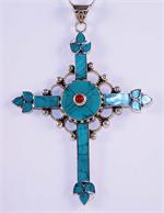 Turquoise and Red Coral Cross Pendant in Sterling Silver