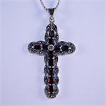 Garnet and Marcasite Cross Pendant Set in Sterling Silver 925